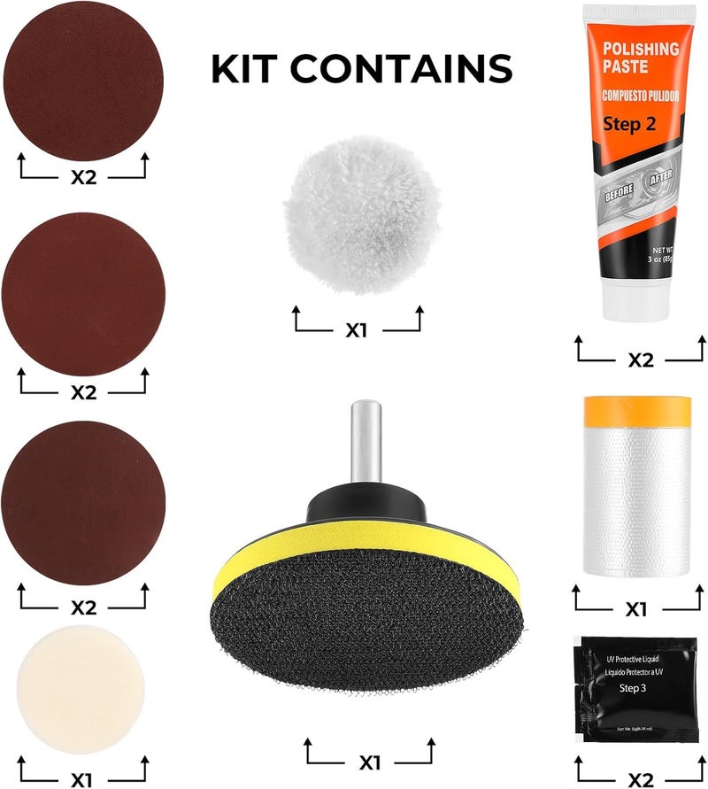 ISINFLASH Headlight Restoration Kit, Polish Restore Cleaner Clean Tool DIY Polishing, Sanding Discs, Scouring Pads for Electric Drill, 3 Easy Steps to Restore Sun Damaged Car Headlights Lens - Image 3